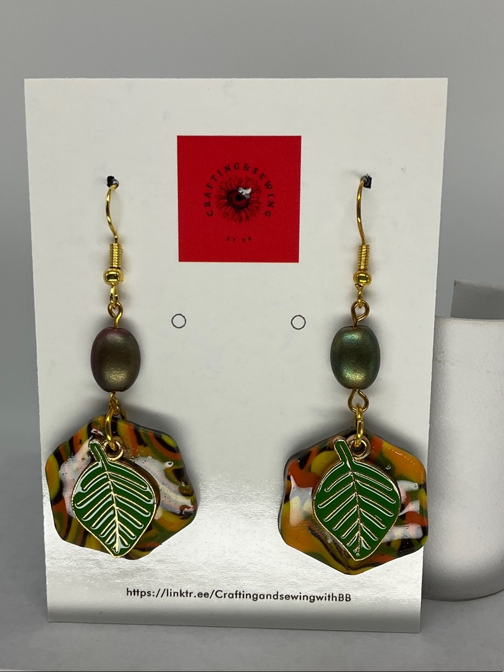 Green Leaf Dangle Earrings with Multicolor Resin Base
